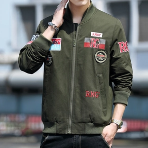 Men's olive green military bomber jacket with stand collar and embroidered patches