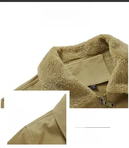 Detailed close-up of khaki winter jacket with thick fleece lapel and metal zipper