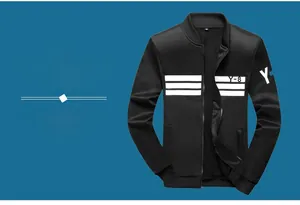 Detail of men's black athletic jacket with white Y-8 stripes and ribbed stand collar