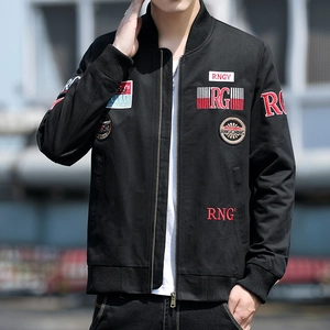 Men's black military bomber jacket with vintage embroidery and stand collar