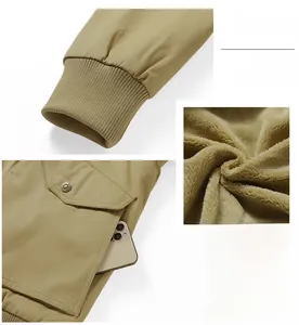 Detail of khaki jacket showing elastic ribbed cuffs and warm sherpa fleece lining