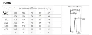 Detailed size chart for men's thermal fleece pants showing waist, hip, and length measurements