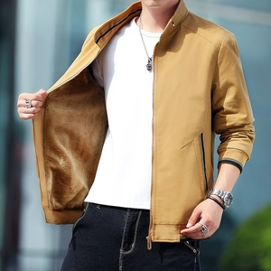 Men's thick fleece-lined jacket in khaki featuring a windproof stand collar and zip pockets