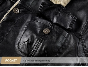 Detail of black PU leather jacket featuring a flip pocket and warm faux shearling lining