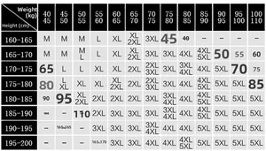 Detailed size chart for winter thermal tracksuit showing height and weight recommendations