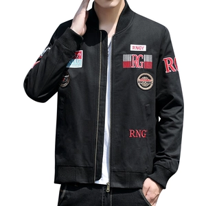 Men's black tactical military bomber jacket with embroidery and ribbed cuffs