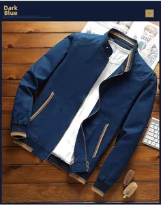 Close-up of dark blue men's cotton jacket with striped stand collar and zipper details