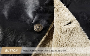 Detail of black PU leather jacket with warm fleece lining and branded metal button