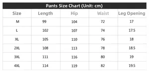 Men's sports pants size chart in cm including length, hip, waist, and leg opening data