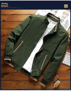 Detailed flat lay of army green men's jacket with striped ribbed collar and cuffs on wood
