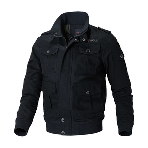 Black military work jacket for men with multi-pockets and Vogue embroidery on white background
