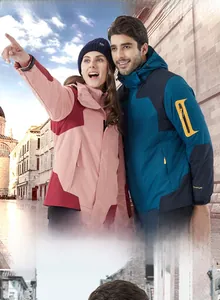 Detail of couple's waterproof jacket showing adjustable cuffs and storm hood for hiking