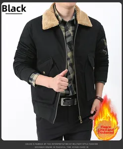 Détail du blouson aviateur noir en coton pour homme avec col en polaire marron chaud