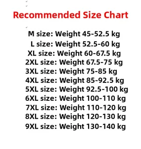 Size chart for men winter fleece tracksuit set ranging from M to 9XL with weight guide
