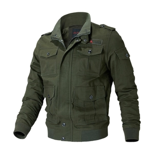 Men's army green cargo jacket with four pockets and military style on white background