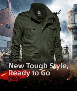 Military olive cotton jacket featuring cargo pockets and tactical shoulder epaulets details