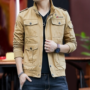 Men's khaki multi-pocket cargo jacket with vintage embroidery and ribbed cuffs