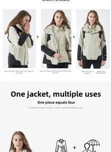 Three-in-one outdoor jacket showing shell and fleece lining in three wearing modes