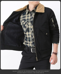 Détail du blouson aviateur noir pour homme avec col en mouton kaki et doublure polaire chaude