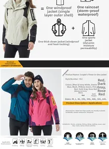 Detailed chart showing windproof 3-in-1 jacket components and size guide for couples