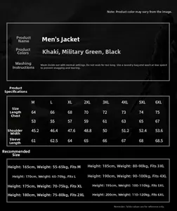 Men's cotton jacket size chart with M to 6XL measurements and detailed washing instructions