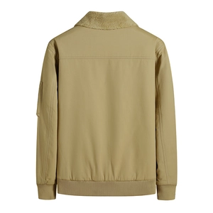 Back view of khaki men's pilot jacket with plush collar and ribbed cuffs on white background