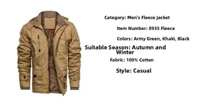 Detail view of khaki cotton jacket with thick fleece lining and multi-pocket design