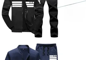 Flat lay detail of black two-piece fleece tracksuit with white Y-8 stripes and lettering