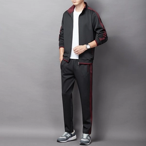 Men's autumn sports tracksuit set with black zipper jacket and burgundy stripe pants