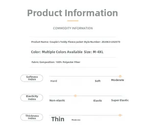Detailed chart showing 100% polyester fabric info and size specs for teddy fleece jackets