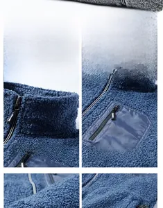 Détails de la veste en polaire teddy bleu marine montrant le col montant et la poche zippée