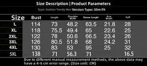 Detailed size chart for men's slim fit fleece jacket showing chest and length measurements