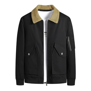 Men's washed cotton flight jacket in black with khaki faux fur collar and ribbed trim