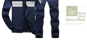 Close-up of navy blue sportswear jacket with white stripes and Y-8 printed logo detail