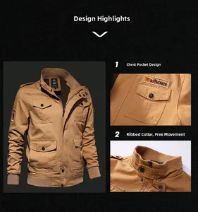 Detail view of khaki cotton tactical jacket featuring multi-pockets and ribbed stand collar