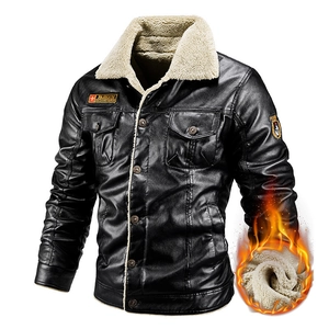 Men's Fleece Lined PU Leather Jacket Warm Faux Lamb Wool Collar Winter Motorcycle Coat Multi Pocket Outdoor Biker Outerwear