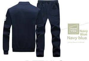 Back view of navy blue tracksuit including standing collar hoodie and fleece pants