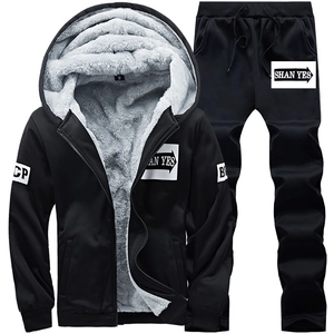 Men's winter fleece tracksuit set with hooded zip jacket and joggers in classic black