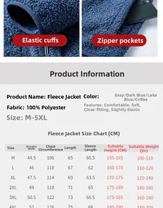 Guide des tailles pour veste polaire homme avec mesures du M au 5XL en tissu bleu