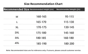 Detailed size guide for men's casual jacket with height and weight recommendations from M to 4XL