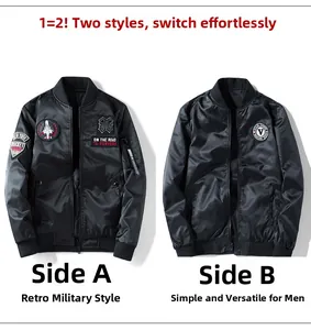 Vista dettagliata del bomber reversibile MA-1 con ricami militari e tessuto in nylon nero