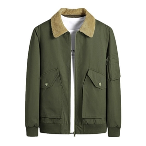 Men's olive green flight jacket with warm beige fleece collar and ribbed cuffs