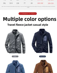 Détail de veste polaire pour homme en quatre couleurs avec tableau des tailles et zip