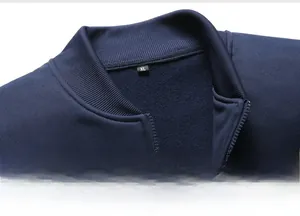 Close-up of ribbed stand-up collar and zipper on dark blue men's sports jacket