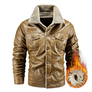 Brown men's PU leather jacket with thick faux sheepskin fleece collar and multi-pockets