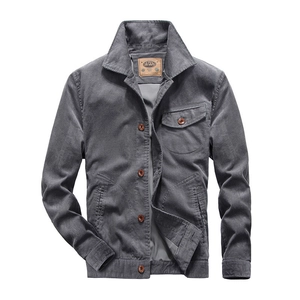 Men's dark grey corduroy jacket with vintage workwear style and wooden button closure