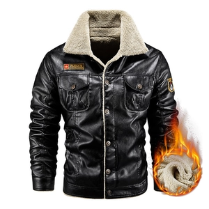 Men's black faux leather biker jacket with beige fleece collar and thermal lining
