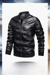 Detail of men's black motorcycle jacket featuring a stand collar and ribbed hem finish