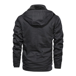 Detail of men's black hooded jacket with warm fleece lining and ribbed windproof cuffs