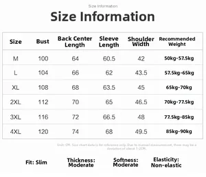 Detailed size chart for men's PU leather jacket showing chest and shoulder measurements